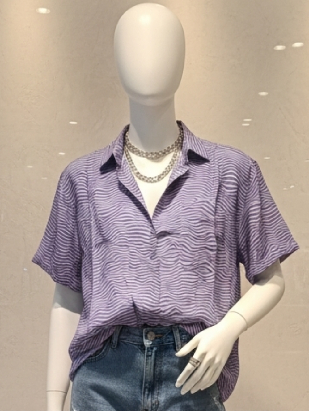 Wildfang Women's Button-Down Short-Sleeve Shirt in Purple and Pink Wave Stripe
